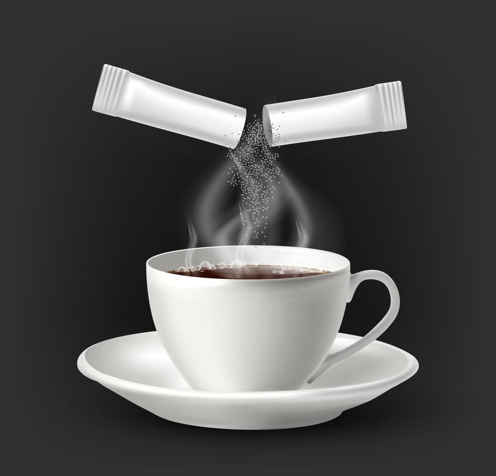 3D-realistische vector pictogram. witte koffiemok met suikerstokje. geïsoleerd op een donkere achtergrond.