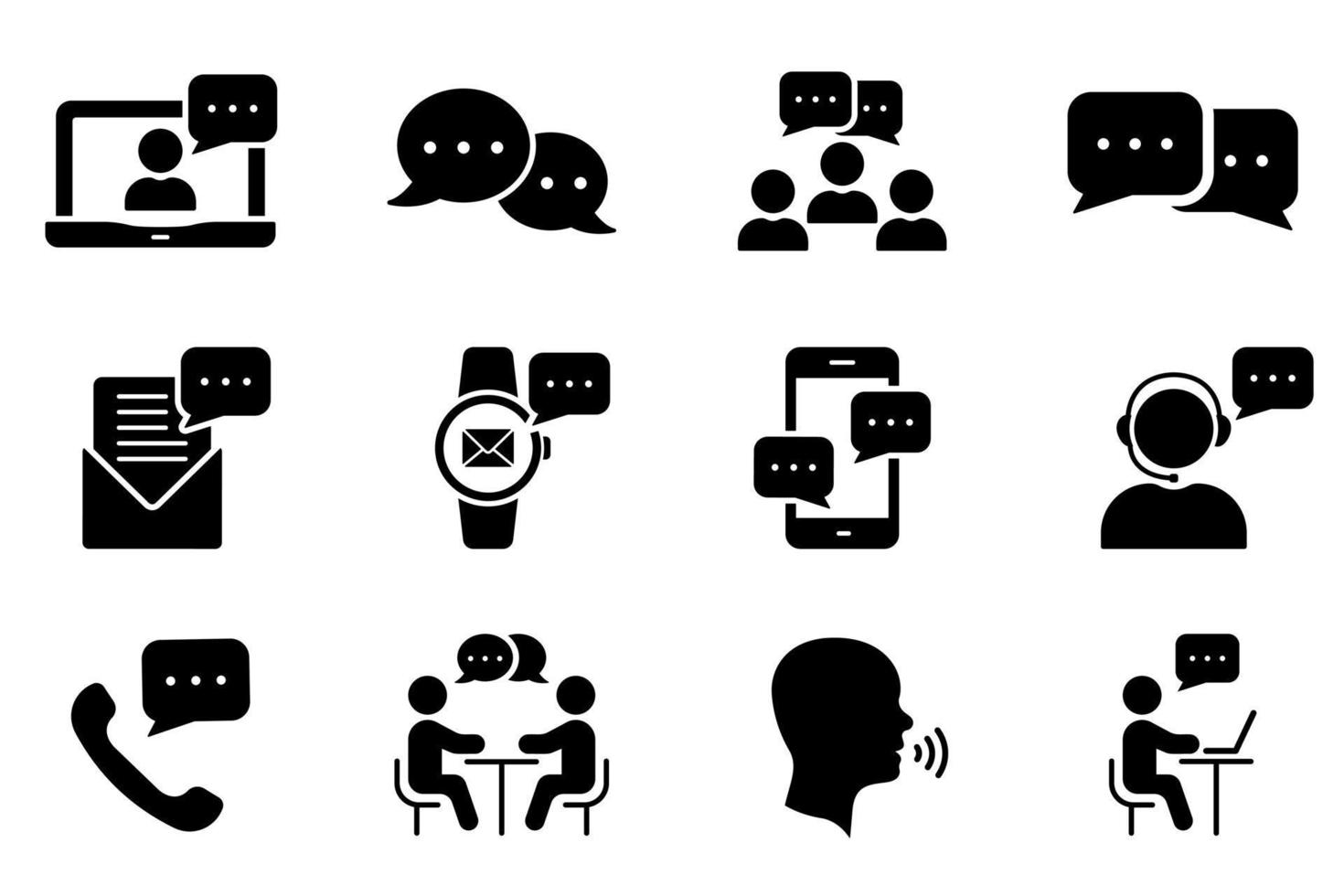 gemeenschapsmensen praten over het glyph-pictogram voor online conferentiesamenwerking. persoon SMS-bericht in de chat, interview praten, communicatie toespraak bubble silhouet icon set. geïsoleerde vectorillustratie vector