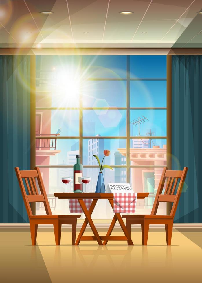 vector cartoon stijl restaurant met romantische tafel opgezet met fles rode wijn en glazen met rozenvaas en teken gereserveerd.