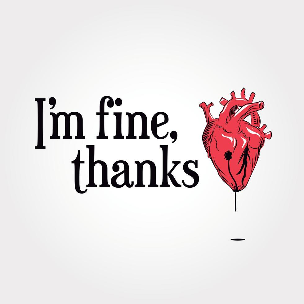 ik ben ok, bedankt. gebroken hart. kaart met hart. vector
