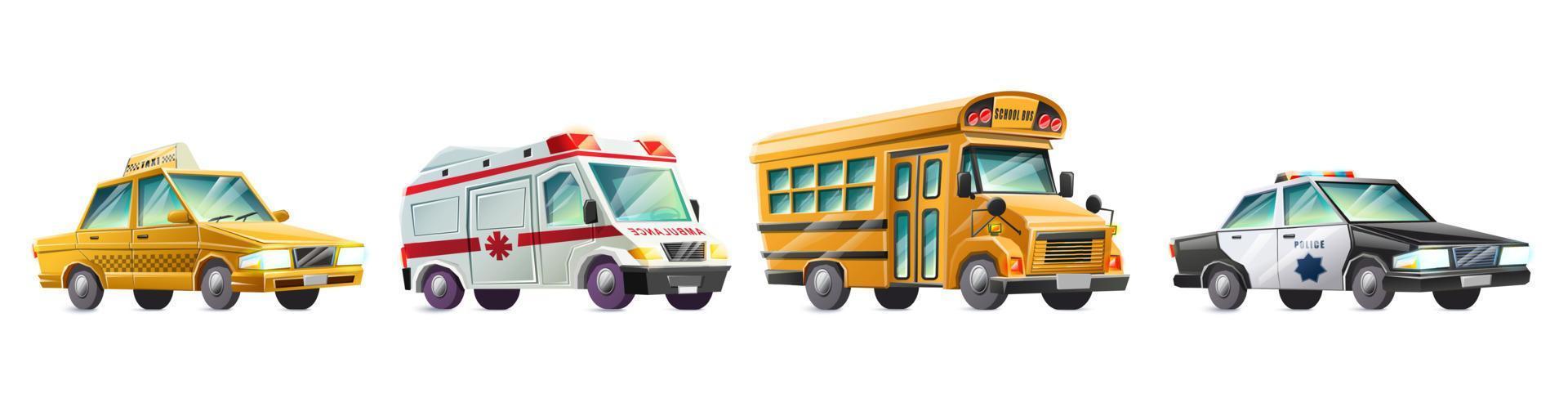 vector cartoon stijl collectie van kleurrijke kinderen vrachtwagens. geïsoleerd op een witte achtergrond.