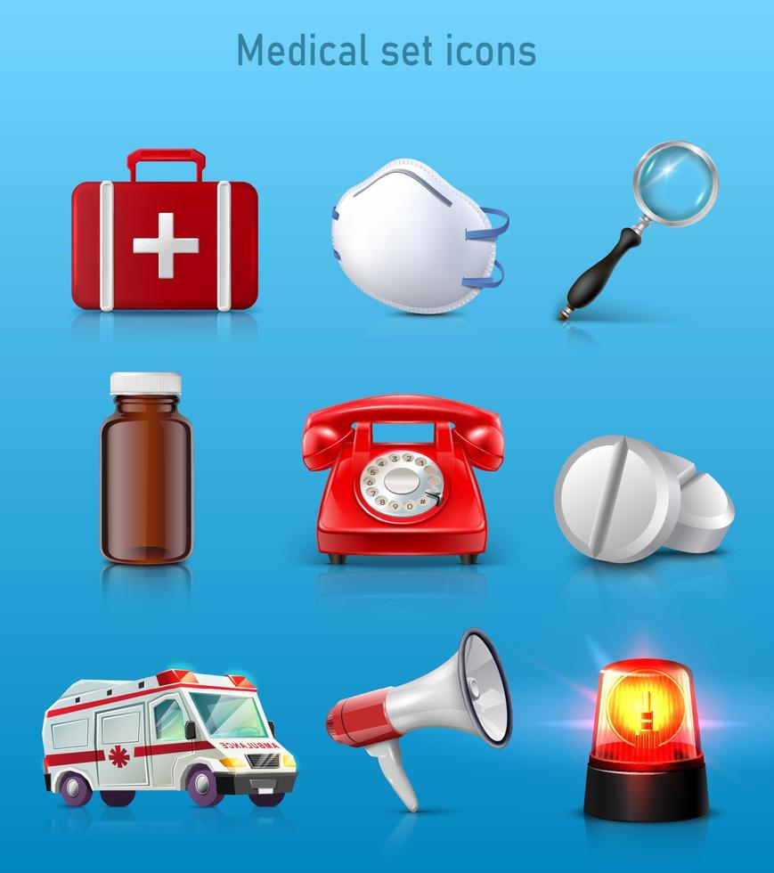 3D-realistische set van medische pictogrammen. EHBO-tas, masker, vergrootglas, pillenfles, rode telefoon, pillen, ambulanceauto, megafoon en rood licht. vector