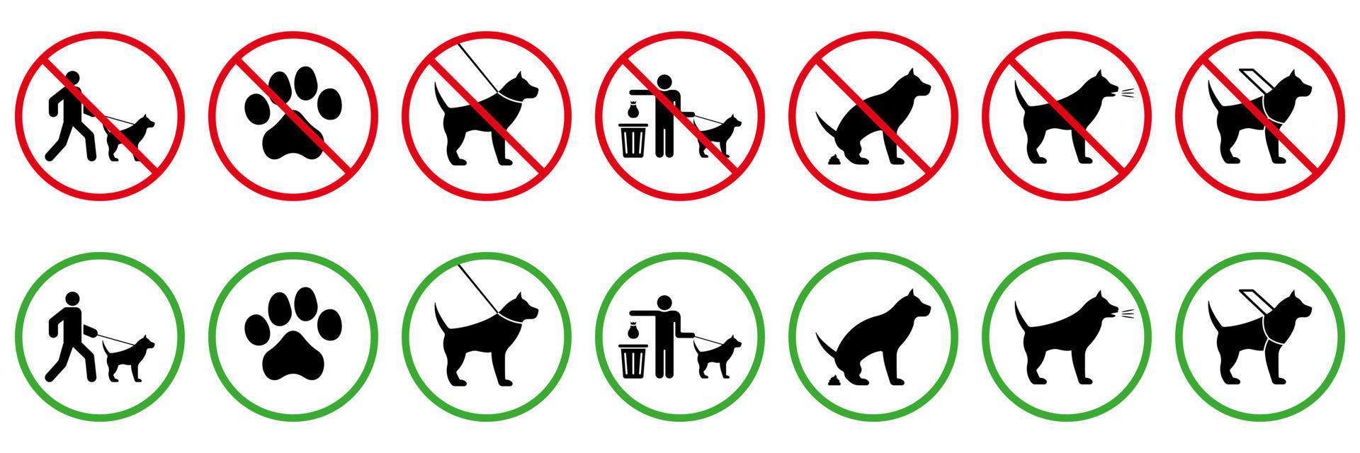 geen toegestaan dierentoiletbord. toestemming van de hond. park zone groen symbool. schoon na hondenpoep. verbod hond zwarte silhouet pictogramserie. verbieden huisdier ingang lopen pictogram.isolated vectorillustratie. vector
