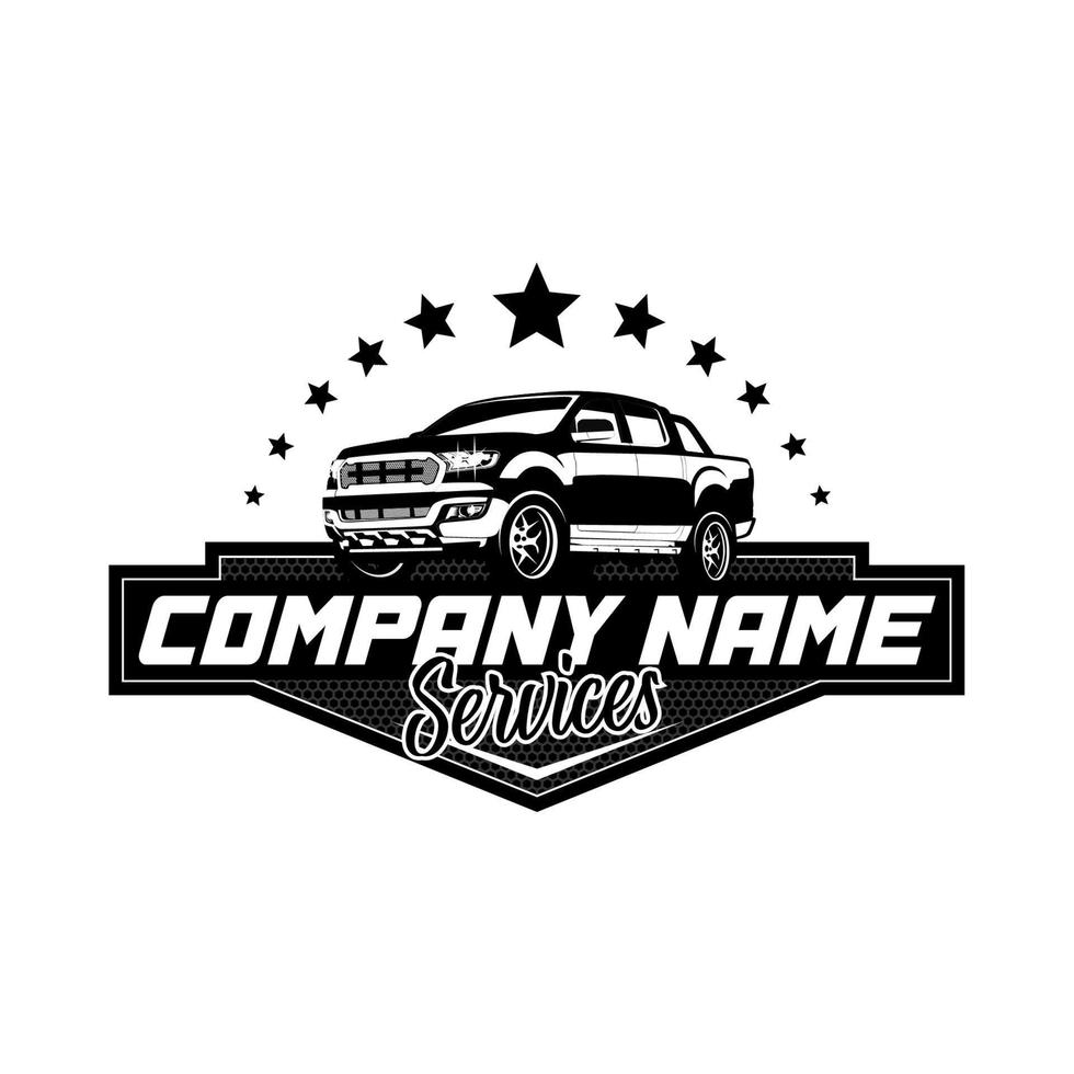 logo badge vector dubbele cabine pick-up auto met een halve cirkel ster, gebruikt voor auto-bedrijfslogo's.