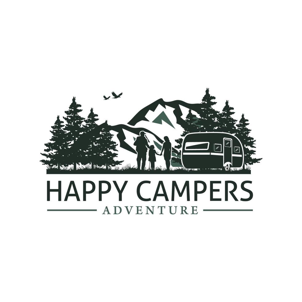 campinglogo met caravankamp, berg en pijnboom, gebruikt voor gemeenschaps- en seizoenskamperen vector