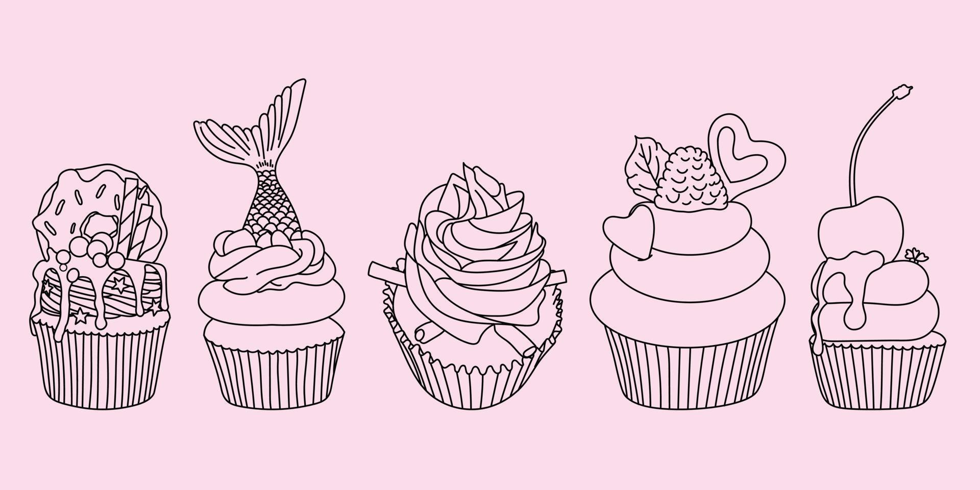 cupcake vector set hand getrokken lijn kunst illustratie set, cup cake overzicht voor het kleuren van boek