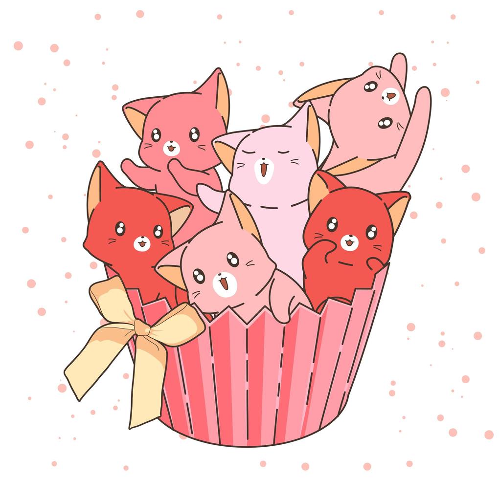 hand getekende roze katten in cupcake wrapper vector