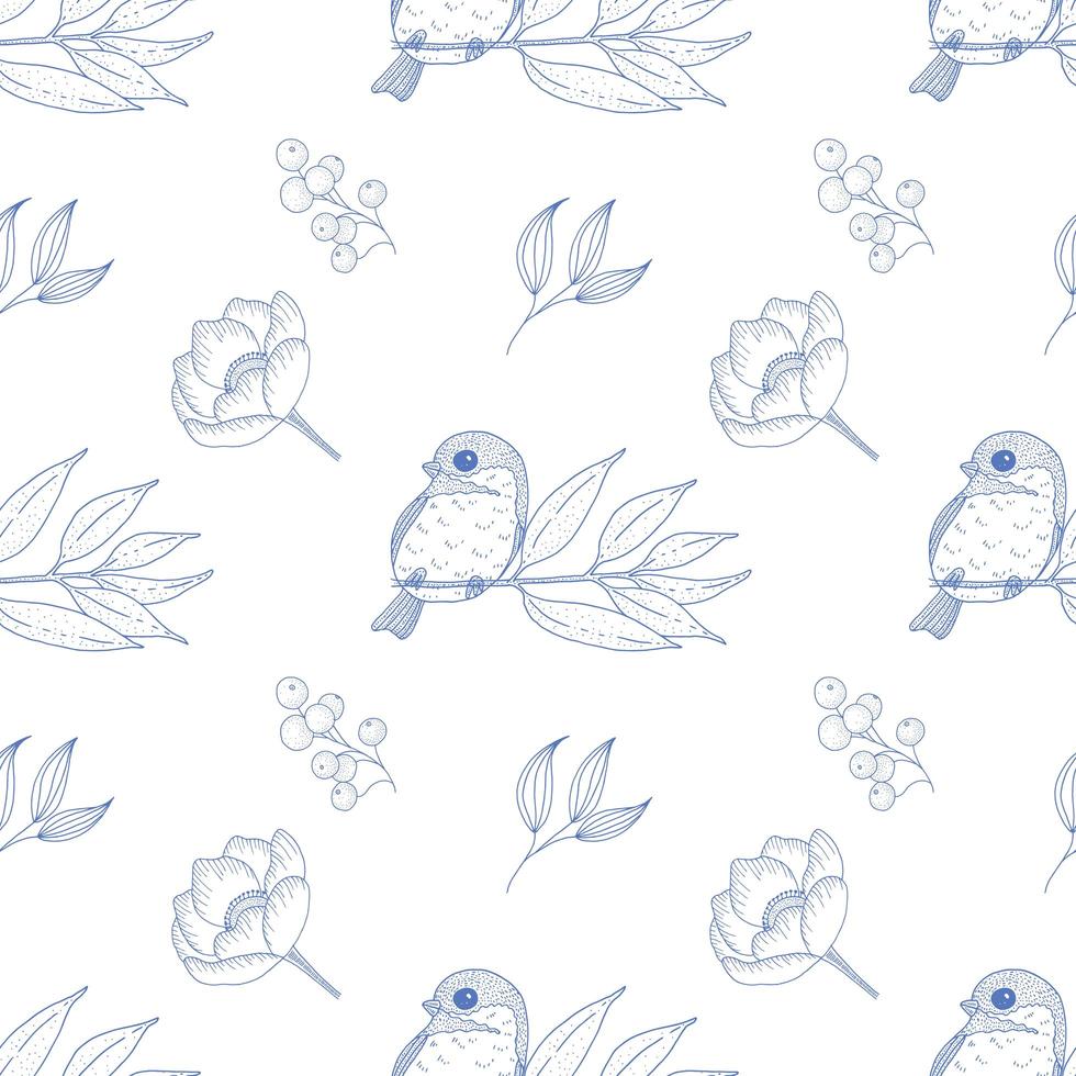 vintage naadloze patroon met vogels en bloemen in blauw vector