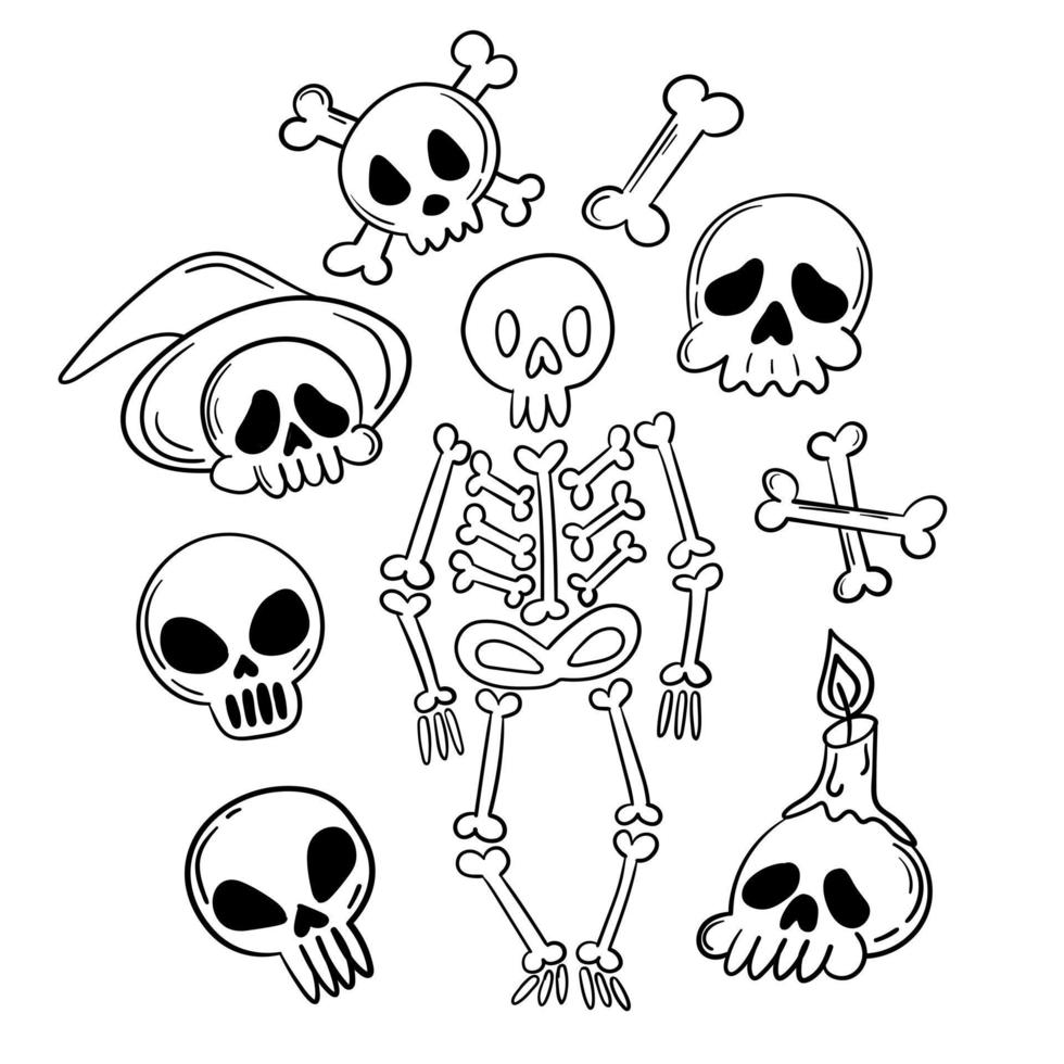 doodle sticker grappig skelet en schedels voor halloween vector