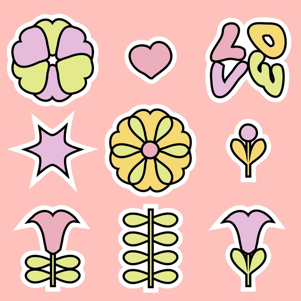 vintage stickers collectie in 1970 trendy stijl met bloemen, bladeren en tekst liefde. vector