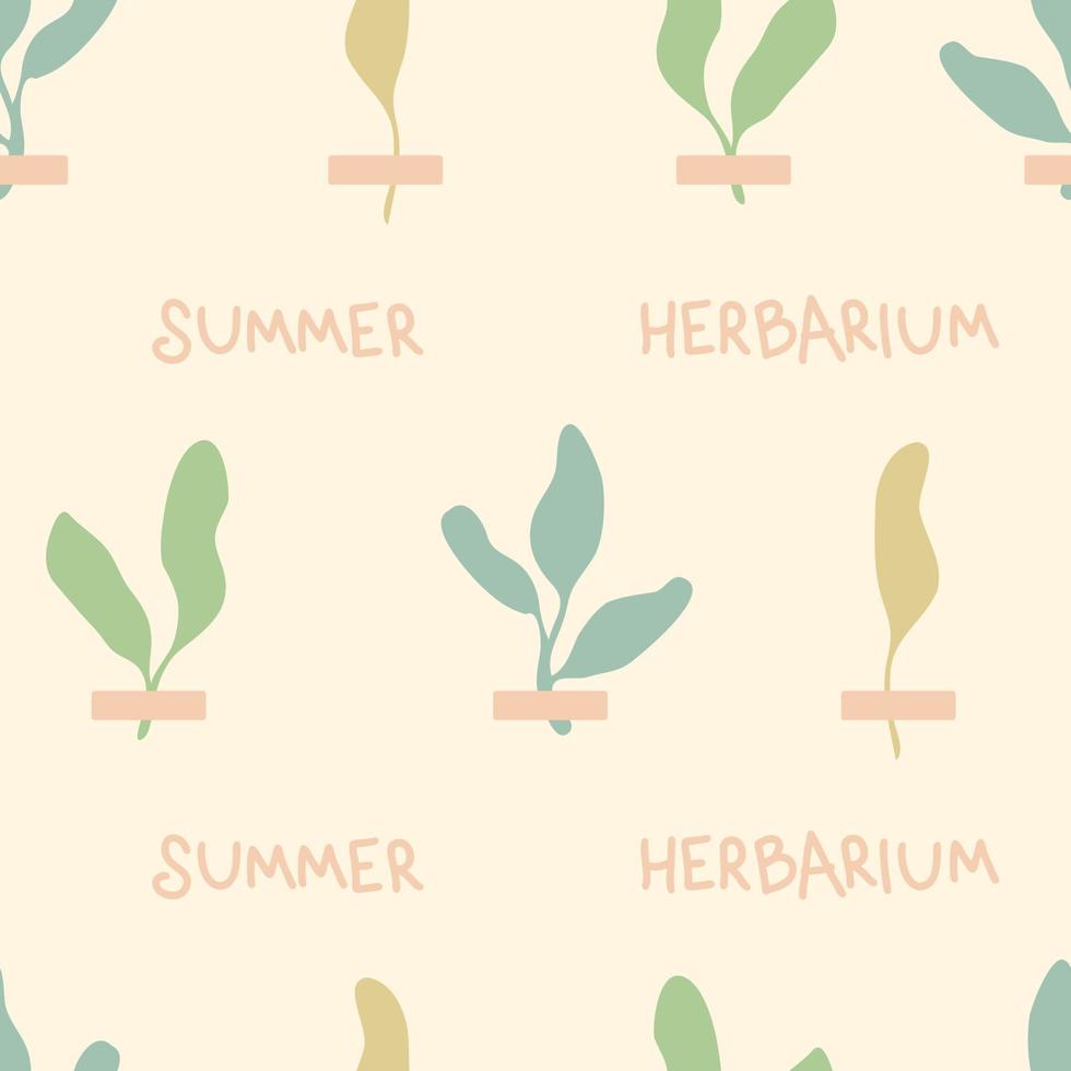 doodle naadloze patroon met kleine planten en tekst zomer herbarium. eenvoudige esthetische print voor tee, stof, briefpapier. hand getekende vectorillustratie voor decor en design. vector