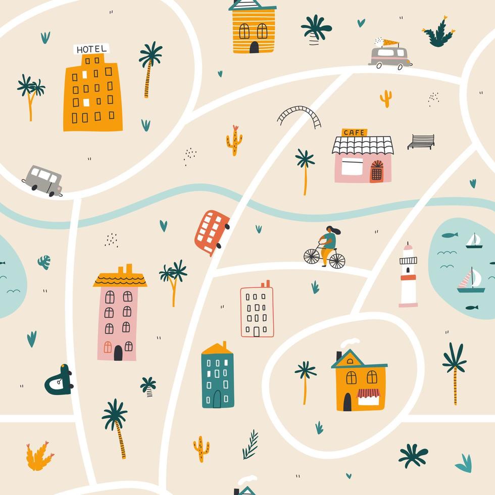 naadloze patroon schattig stadsplattegrond met huizen en auto. stadsontwerp. kinderen afdrukken. vectorillustraties vector