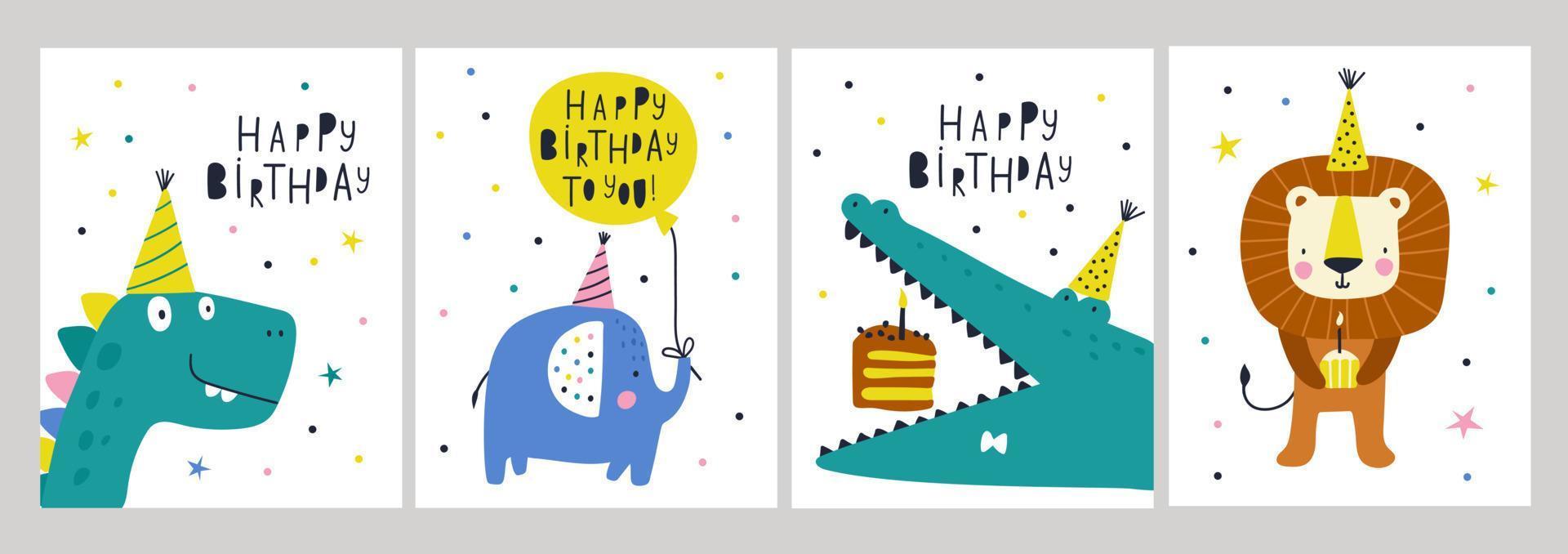 gelukkige verjaardagskaarten set met dieren. vectorillustraties vector