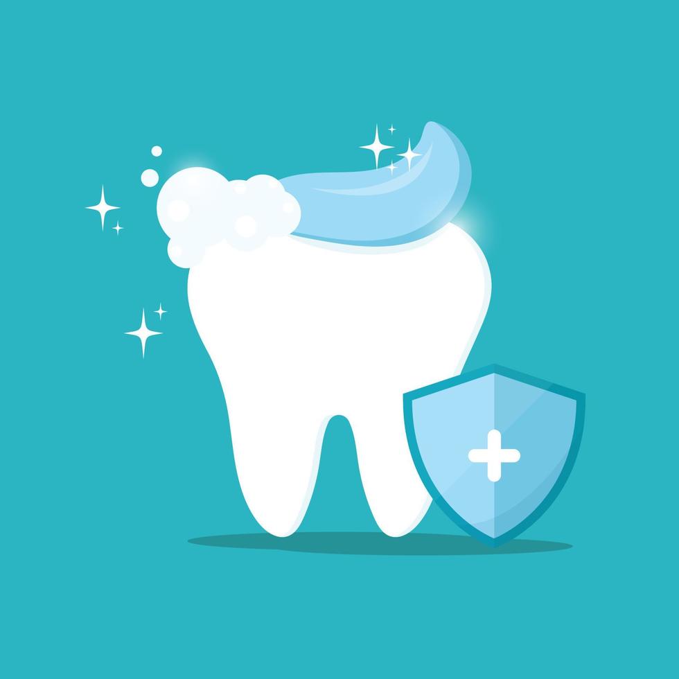 een schone, gezonde tand met tandpasta en een beschermend schild. illustratie voor tandheelkunde. mondhygiëne, tanden poetsen. vector