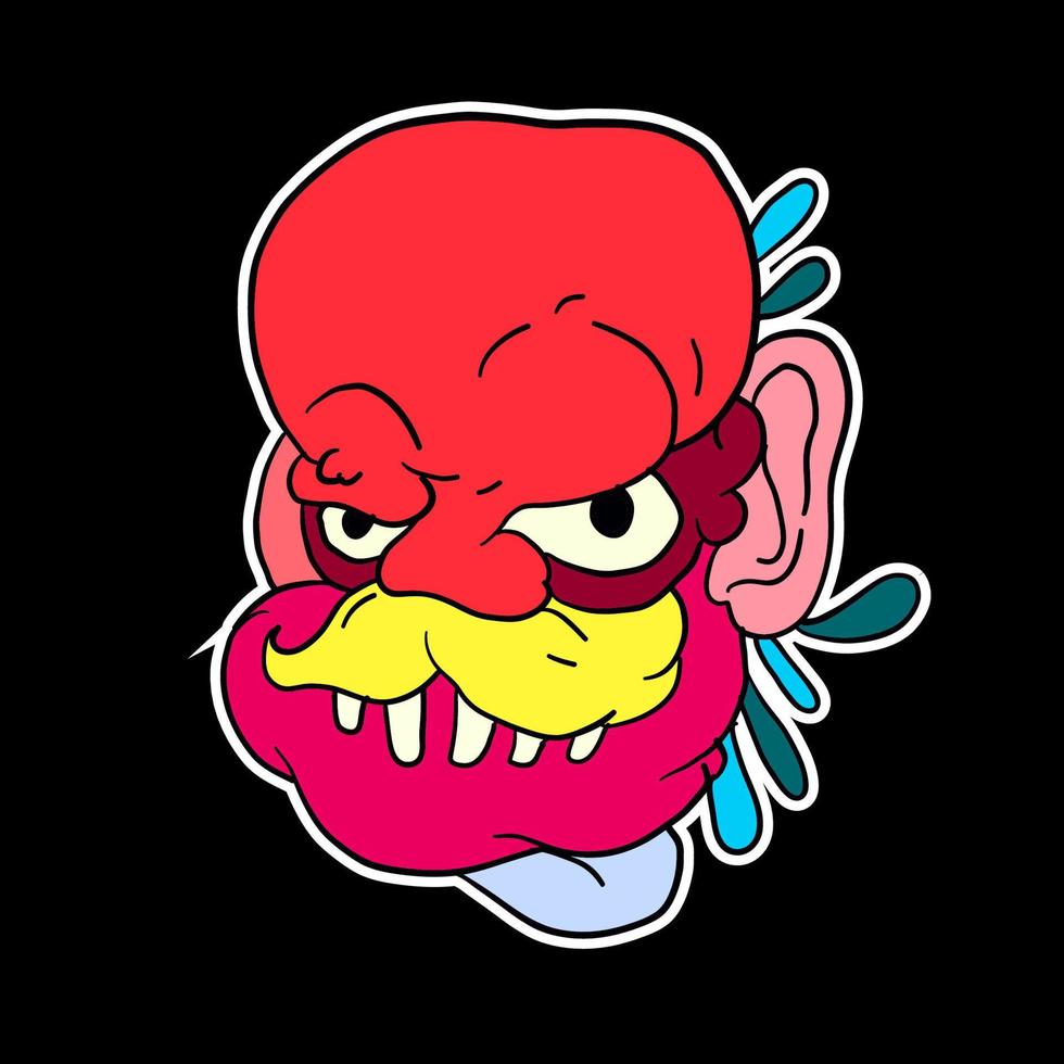 sticker kleurrijke doodle cartoon vectorillustratie. hoofd, masker, kwaad, geest en monster voor logo-mascotte vector