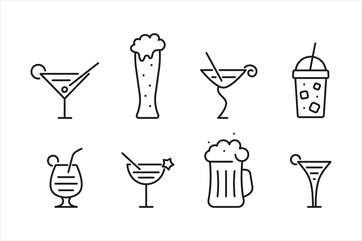 populaire cocktails en biercontourpictogram. schuimend drankje in mok met Ierse room met figuurschuim in glazen beker. limonade met ijs in glas met deksel. heldere pina colada met ananas vectorwig vector