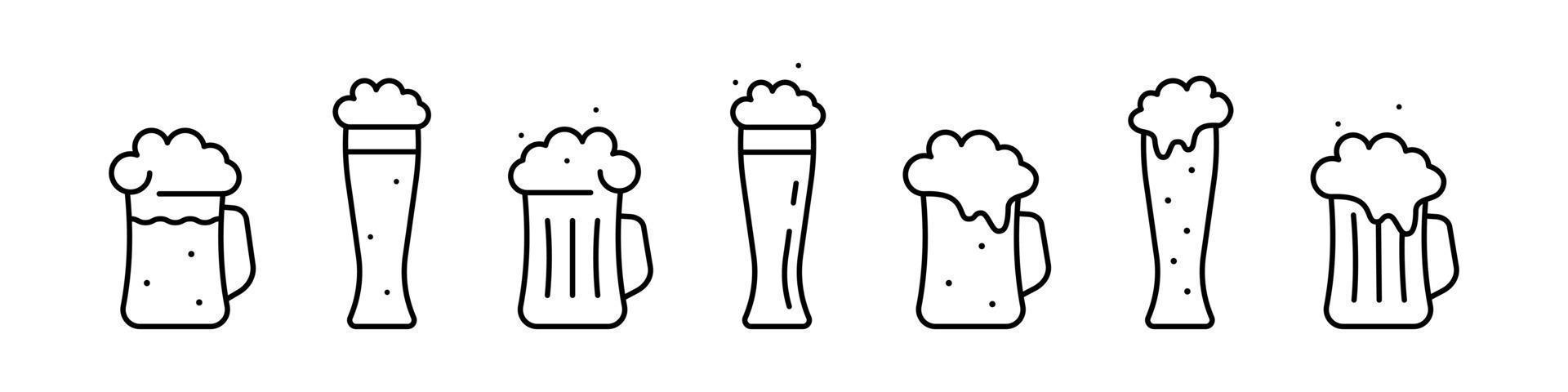 mokken en glazen met biercontourpictogram. zwarte kop met verfrissend drankje met bubbels en wit schuim. nacht bier pub embleem voor vector design