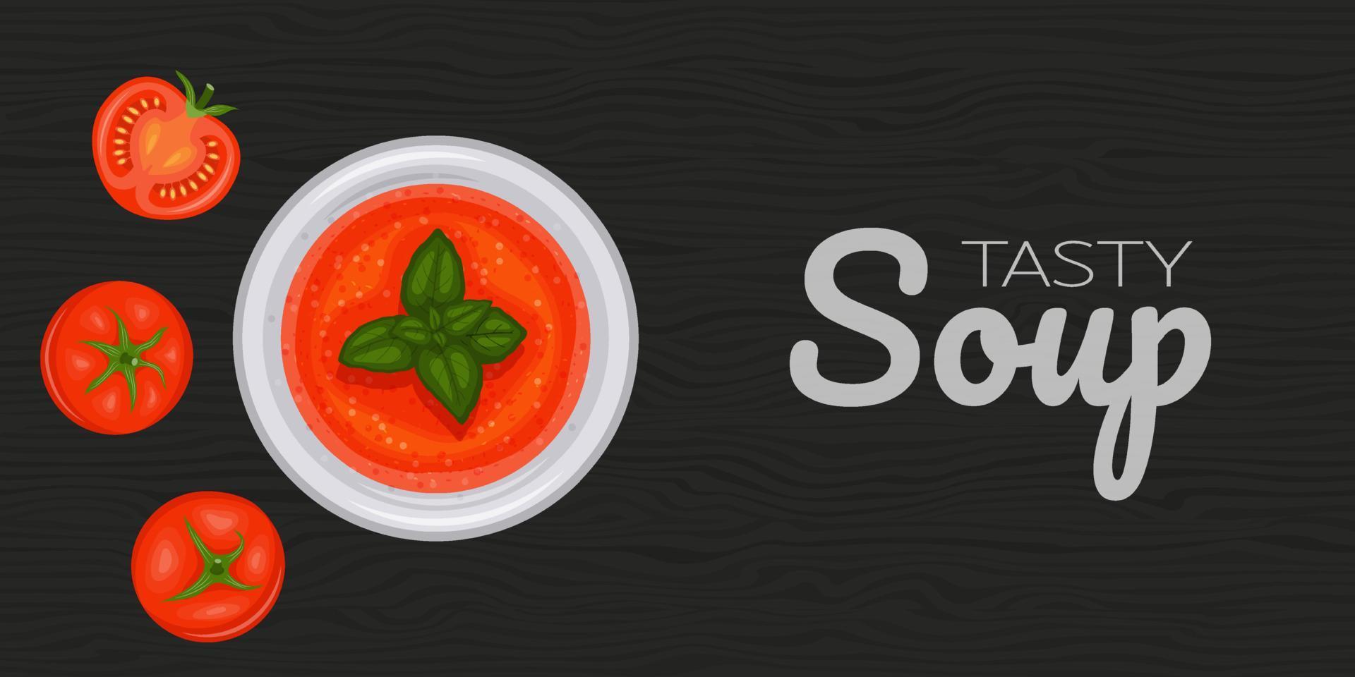 tomatensoep, gazpacho met tomaten op hout zwarte achtergrond. horizontale flyer. object voor verpakking, advertenties, menu. vectorillustratie. cartoon-stijl. vector