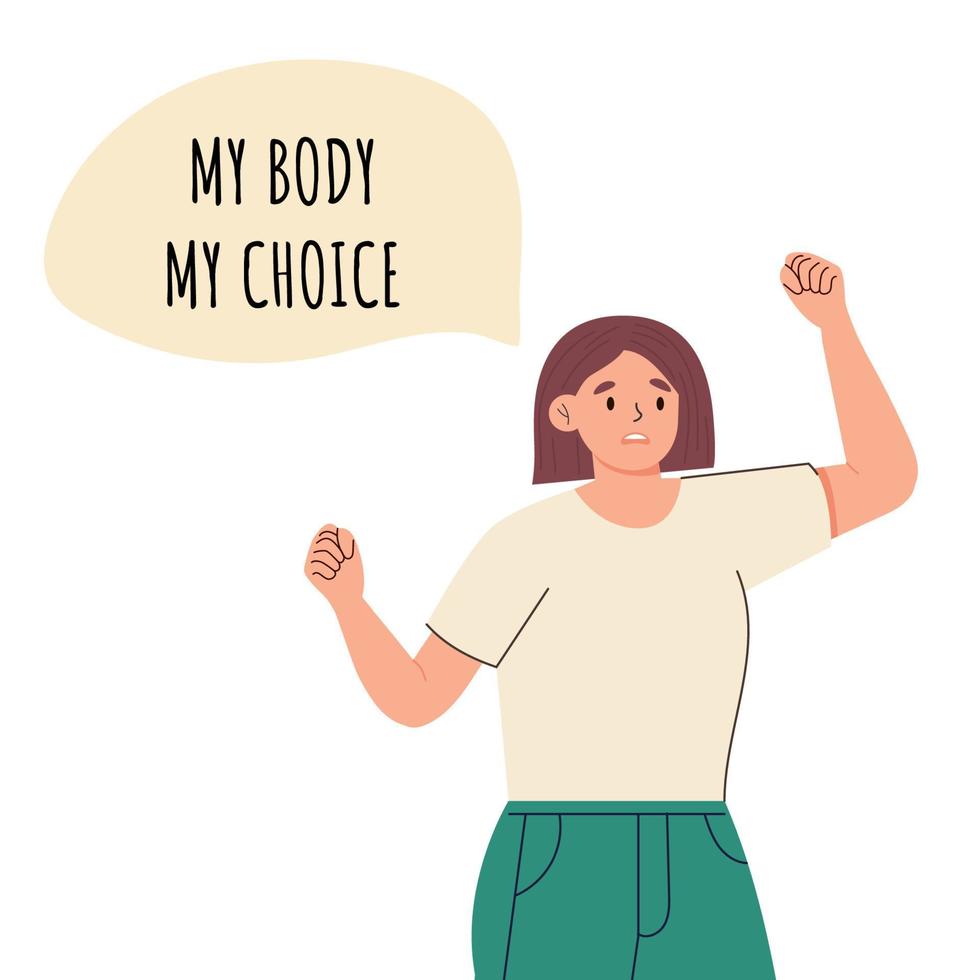 een vrouwenprotestactiviste voor de keuze van een vrouw roept mijn lichaam is mijn keuze. meisje bij een protest ter ondersteuning van abortusrechten bij protestdemonstraties vector