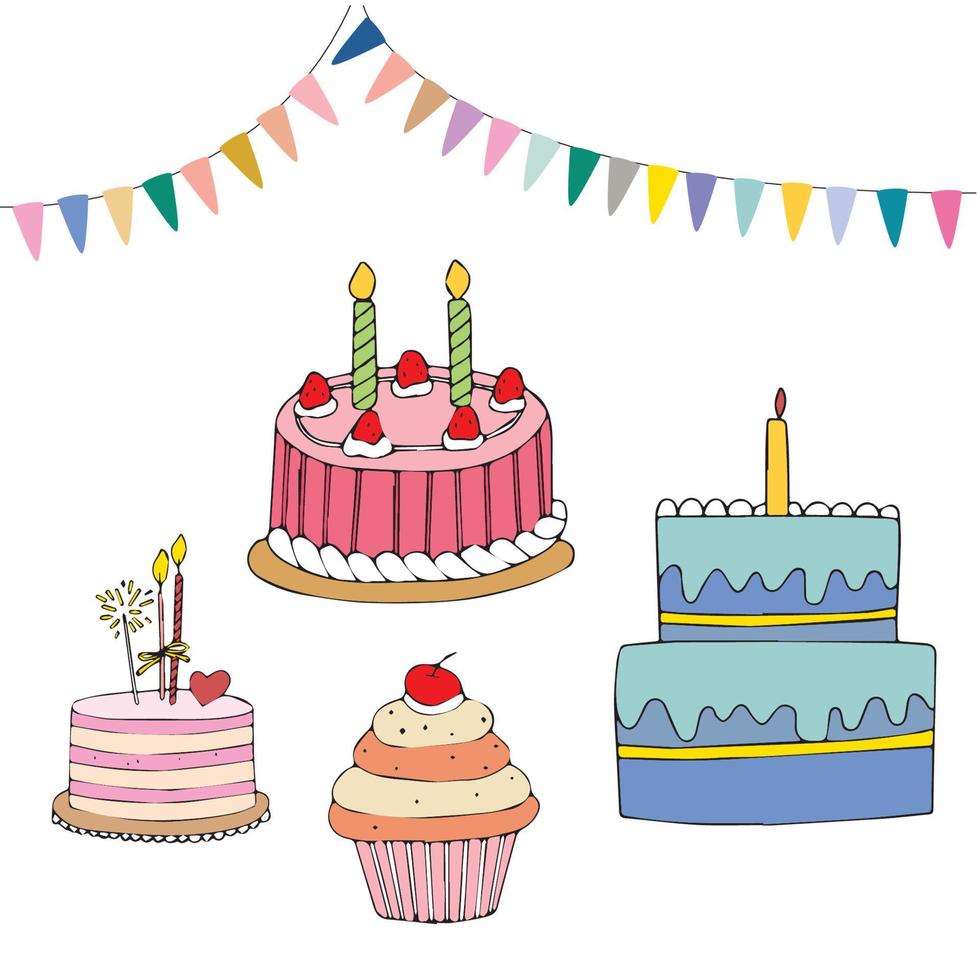roze cake met kaarsen. gelukkige verjaardag, handgetekende illustratie. verjaardagsviering. vector voor ontwerp t-shirts typografie kaarten en posters.
