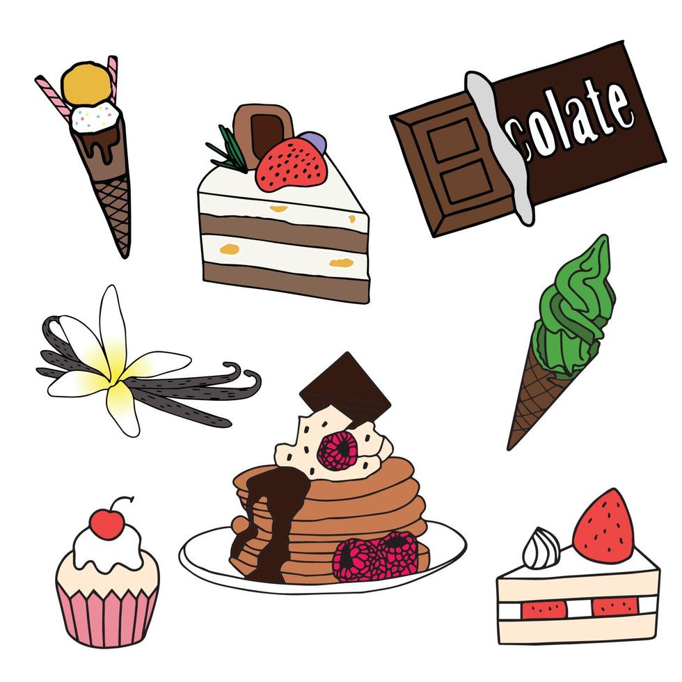 set van snoep. zoete gebakjes, cake, snoep, desserts. een verzameling heerlijke, calorierijke gerechten. illustratie in een cartoon vlakke stijl. geïsoleerd op een witte achtergrond vector