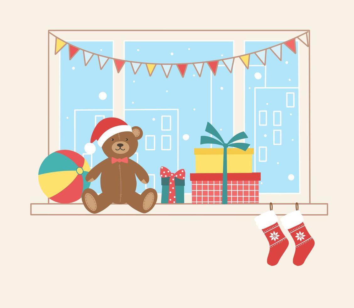 kerstraam met uitzicht op de winterstad. stapel geschenken op het raam voor de kinderteddybeer, bal, kerstsokken en geschenkdozen. vector