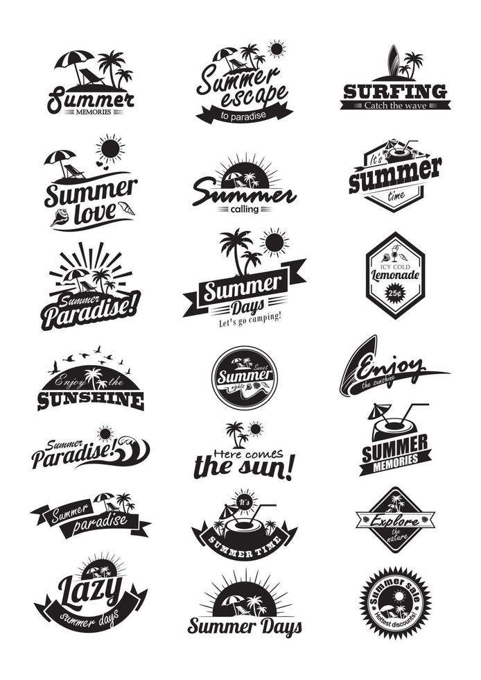 zomer logo's ingesteld. zomer typografie ontwerpen. vintage designelementen, logo's, labels, pictogrammen, objecten en kalligrafische ontwerpen. zomervakantie. vector