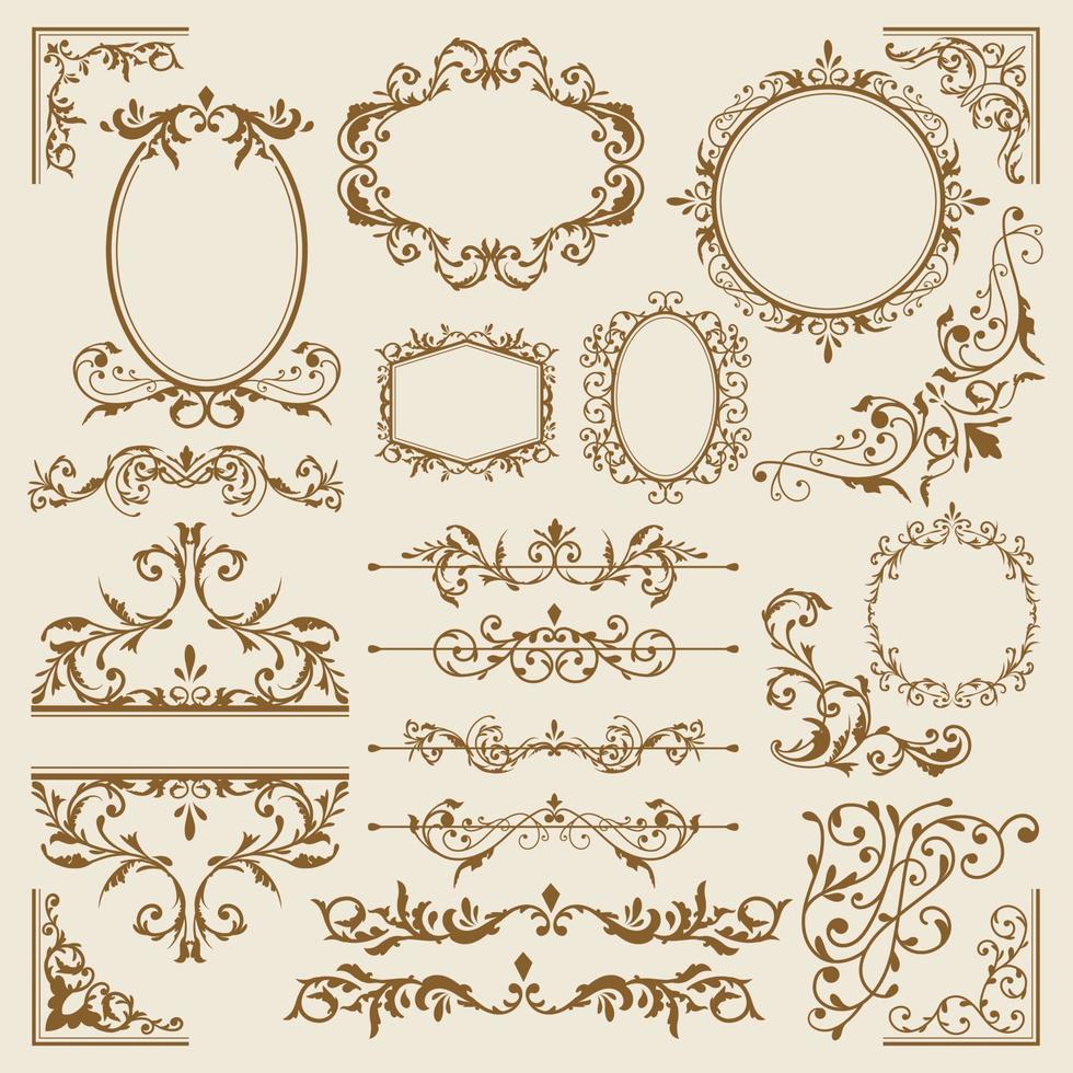 vintage kalligrafische elementen. decoratieve gouden Victoriaanse frames, bloei scheidingslijnen, randen. mooie swirls spoelbak versierd met motieven en scrolls. cirkel, vierkante en rechthoekige kaders voor kaarten vector