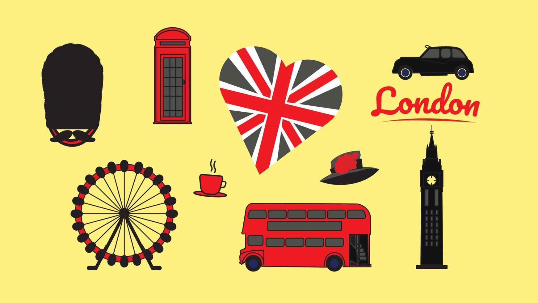 Londen. vectorillustratie met beroemde engelse symbolen en attracties met rood. goed voor reiskaart, wenskaart, banner enz. vector