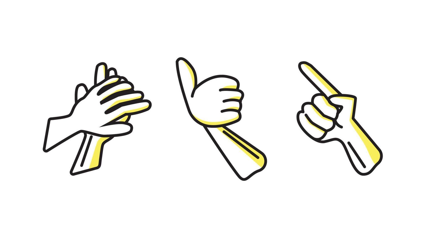 handen vector collectie in lijn kunststijl design met gele schaduwkleur. handen pictogrammen instellen