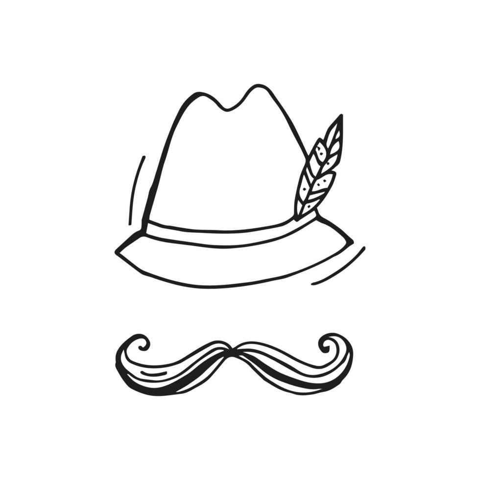 oktoberfest 2022 - bierfestival. handgetekende doodle overzicht hoed met een veer en snor op een witte achtergrond. Duitse traditionele vakantie. vector