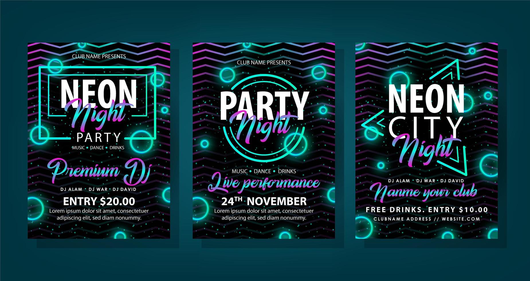 dynamische neon stijl flyer set voor nachtfeest vector