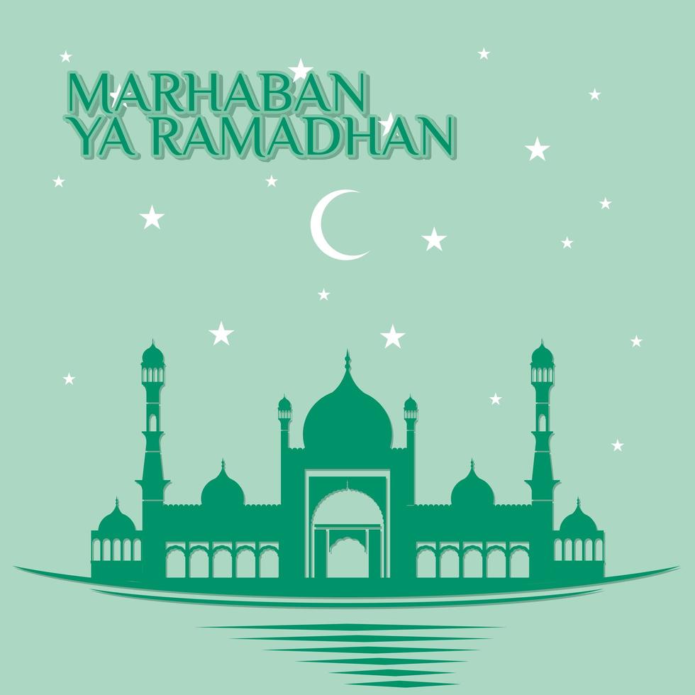 ramadan kareem poster in het groen met moskee 's nachts vector