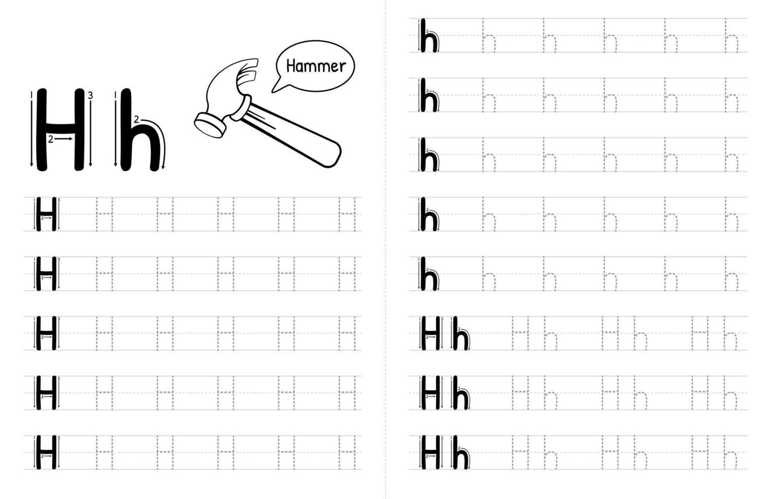 abc alfabetten overtrekboek interieur voor kinderen. kinderen schrijven werkblad met foto. premium vectorelementen letter h. vector