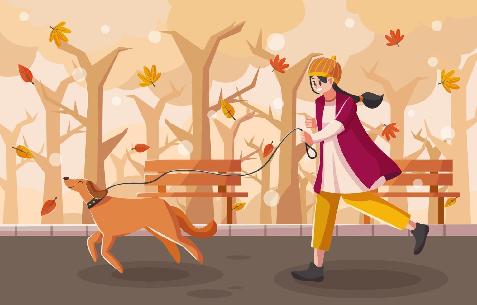 vrouw met haar huisdier die in de herfst activiteiten in het park doet vector