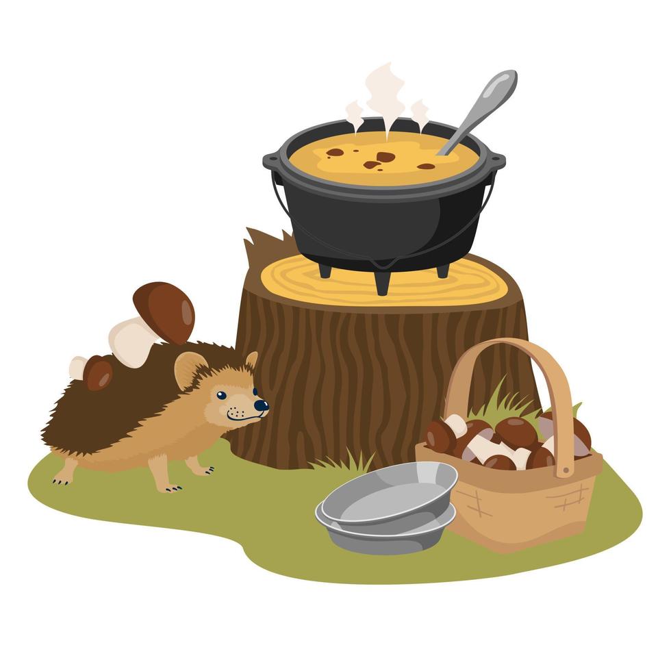 egel met paddestoelen bij de stomp aan de rand van het bos. een pot champignonsoep. camping. vector