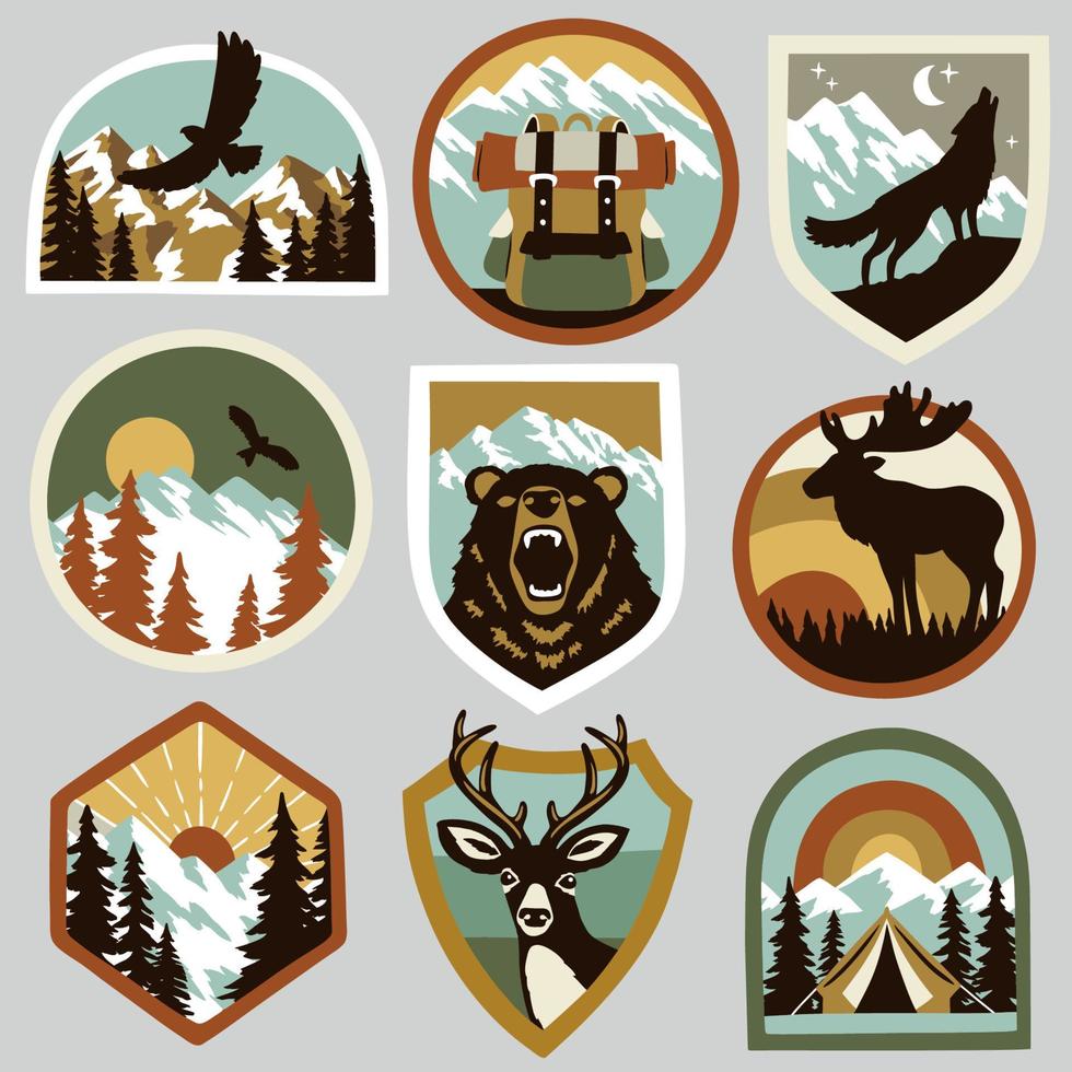 handgetekende vintage patches. bos illustratie. vector