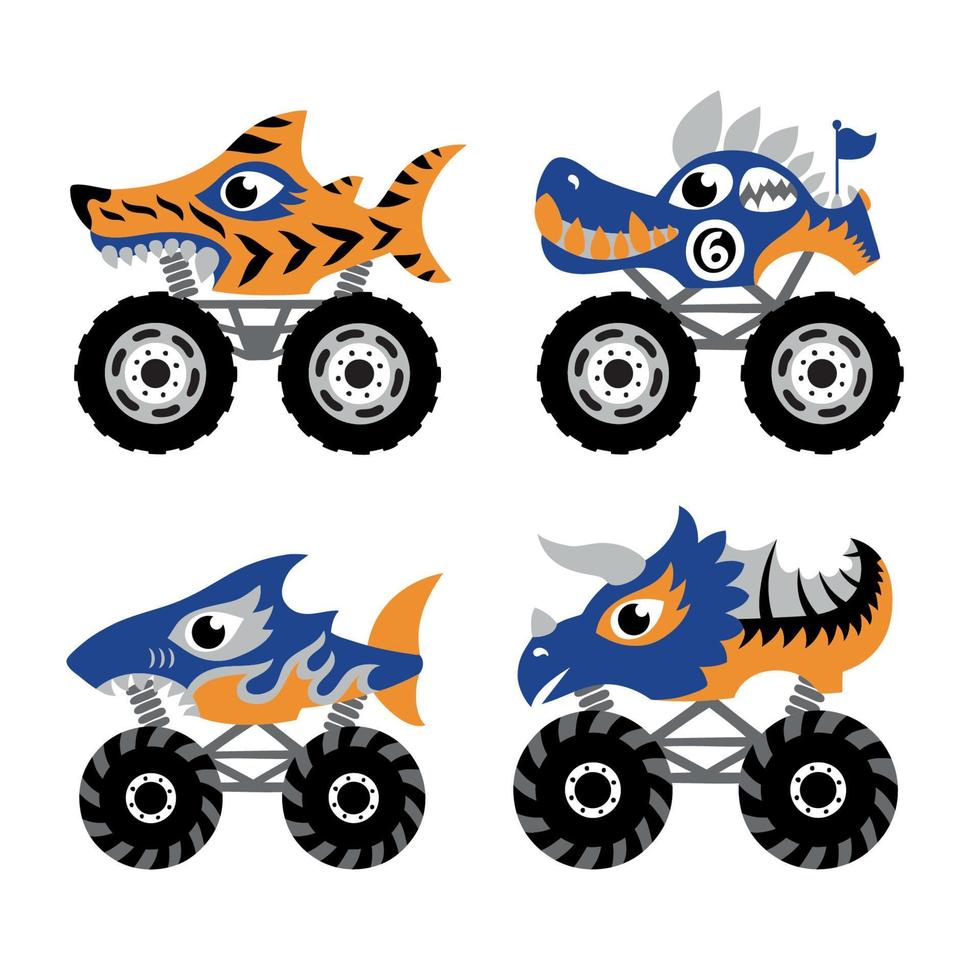 enge dierlijke monster truck ingesteld op witte achtergrond. vector