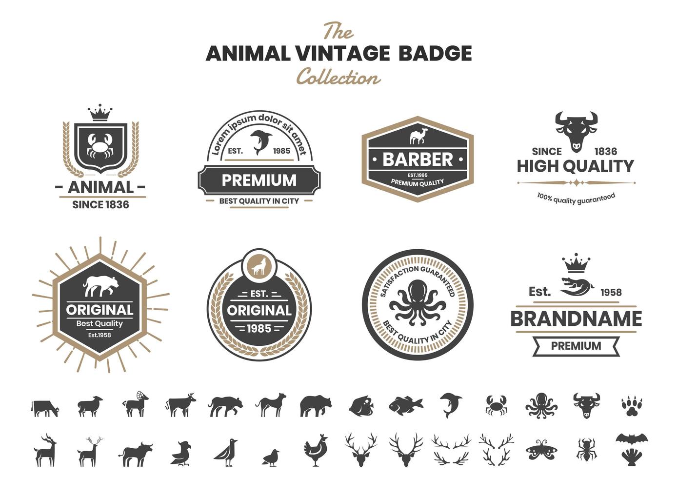 vintage badge set met dolfijnen en andere dieren vector