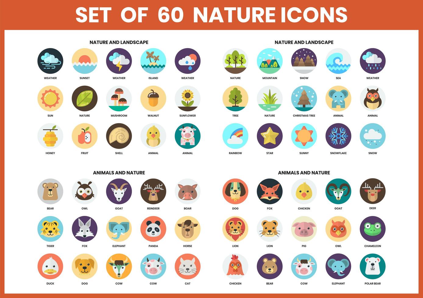 set van 60 natuur- en dierenpictogrammen vector