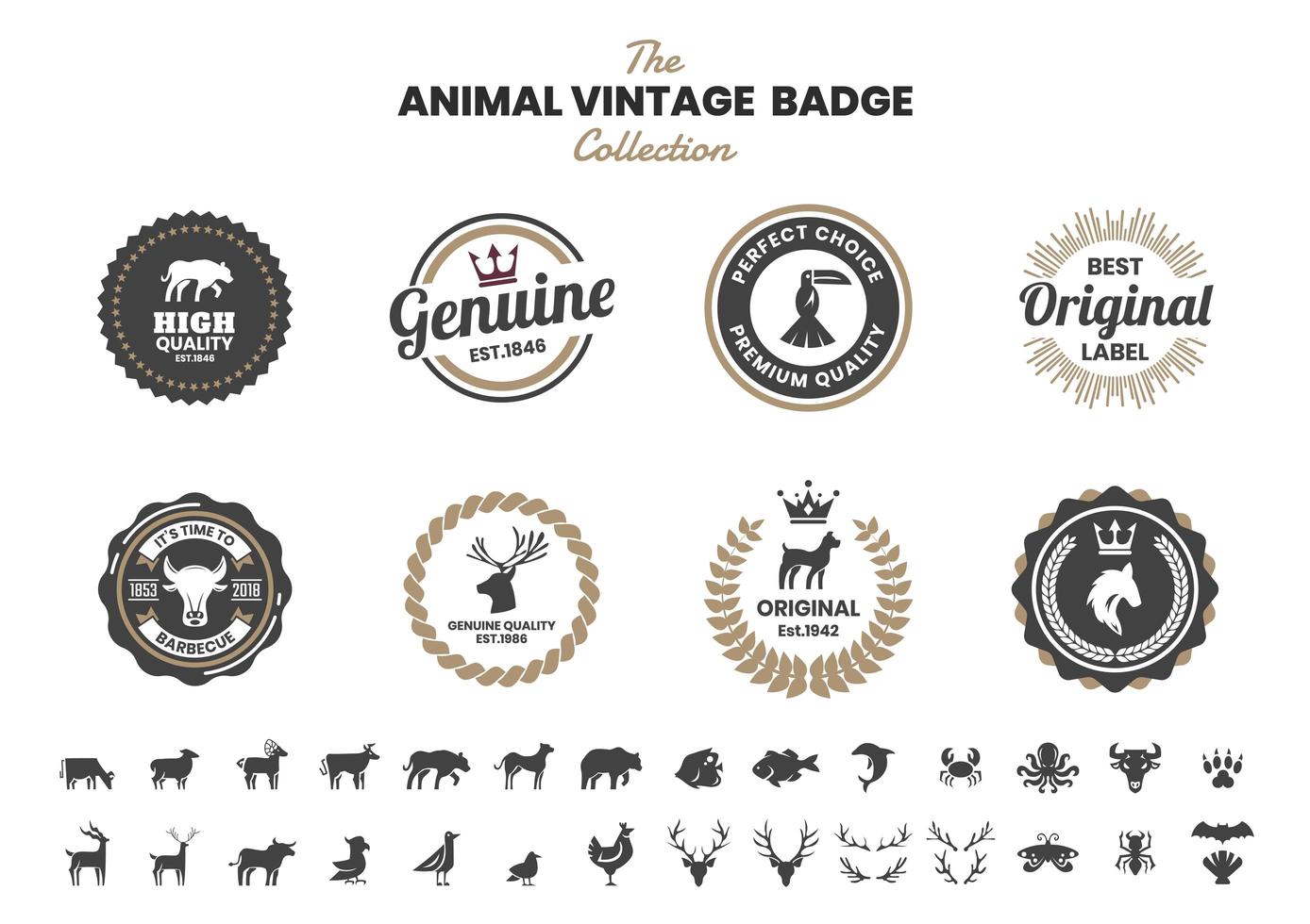 vintage badge set met stier en andere dieren vector