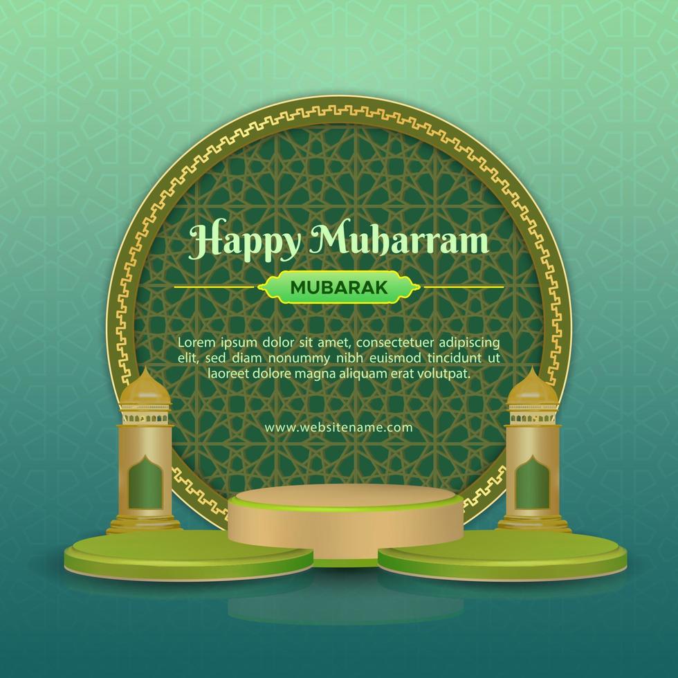 happy muharram kalligrafie social media postsjabloon met cirkelornament, 3d podium en lantaarn vector