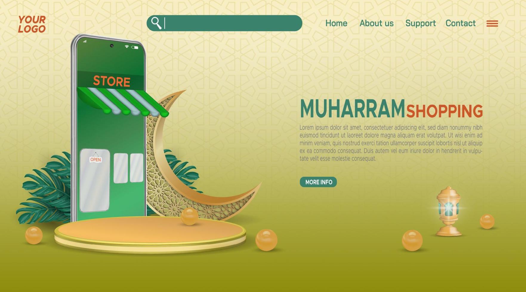 muharram online shopping-bestemmingspagina met realistische smartphone en 3D-podiumweergave. vector