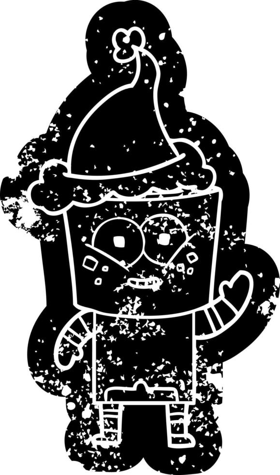 happy cartoon verontrust icoon van een robot die hallo zwaait met een kerstmuts vector