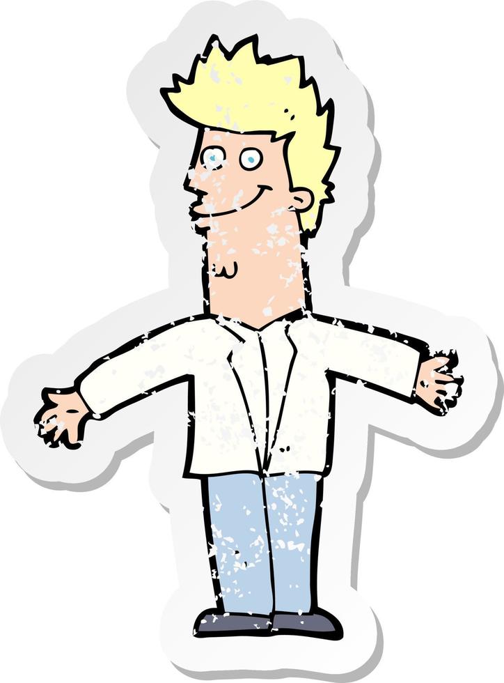 retro noodlijdende sticker van een cartoon gelukkige man met open armen vector