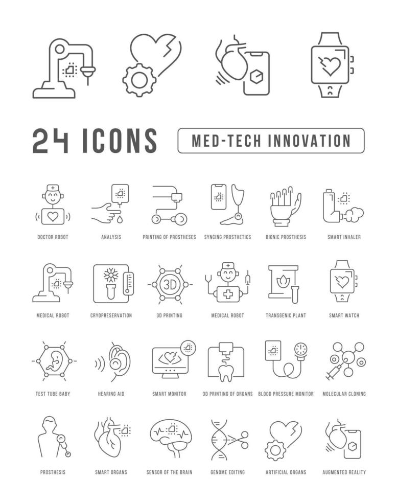 reeks lineaire iconen van med-tech innovatie vector
