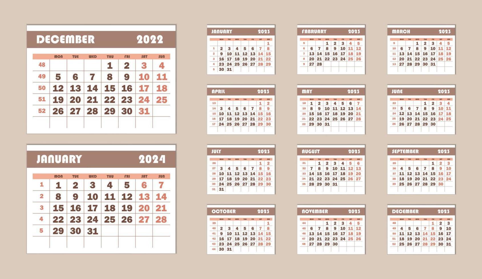 wandkalendersjabloon voor het jaar 2023. werkkalender met weeknummers. de week begint op maandag. maandkalender in pastelkleuren. vector