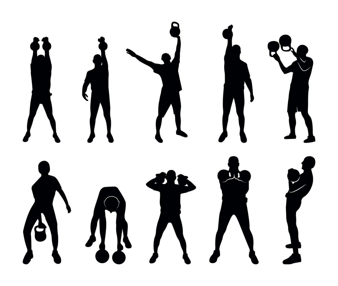 zwarte silhouetten van kettlebell lifting vector