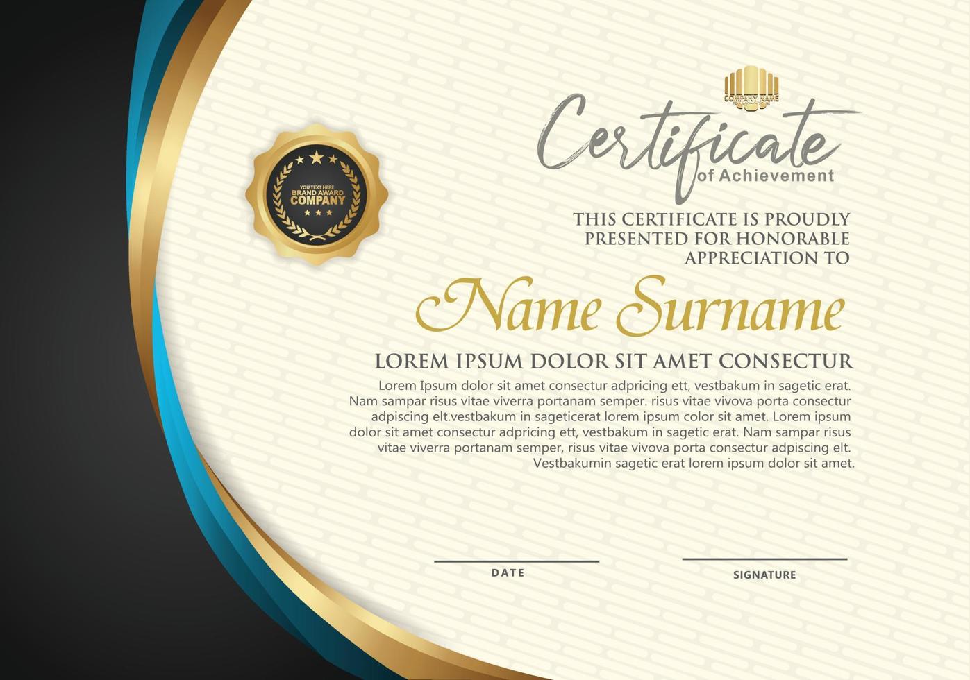 luxe certificaatsjabloon met gebogen lijnvorm ornament modern patroon, diploma. vector illustratie