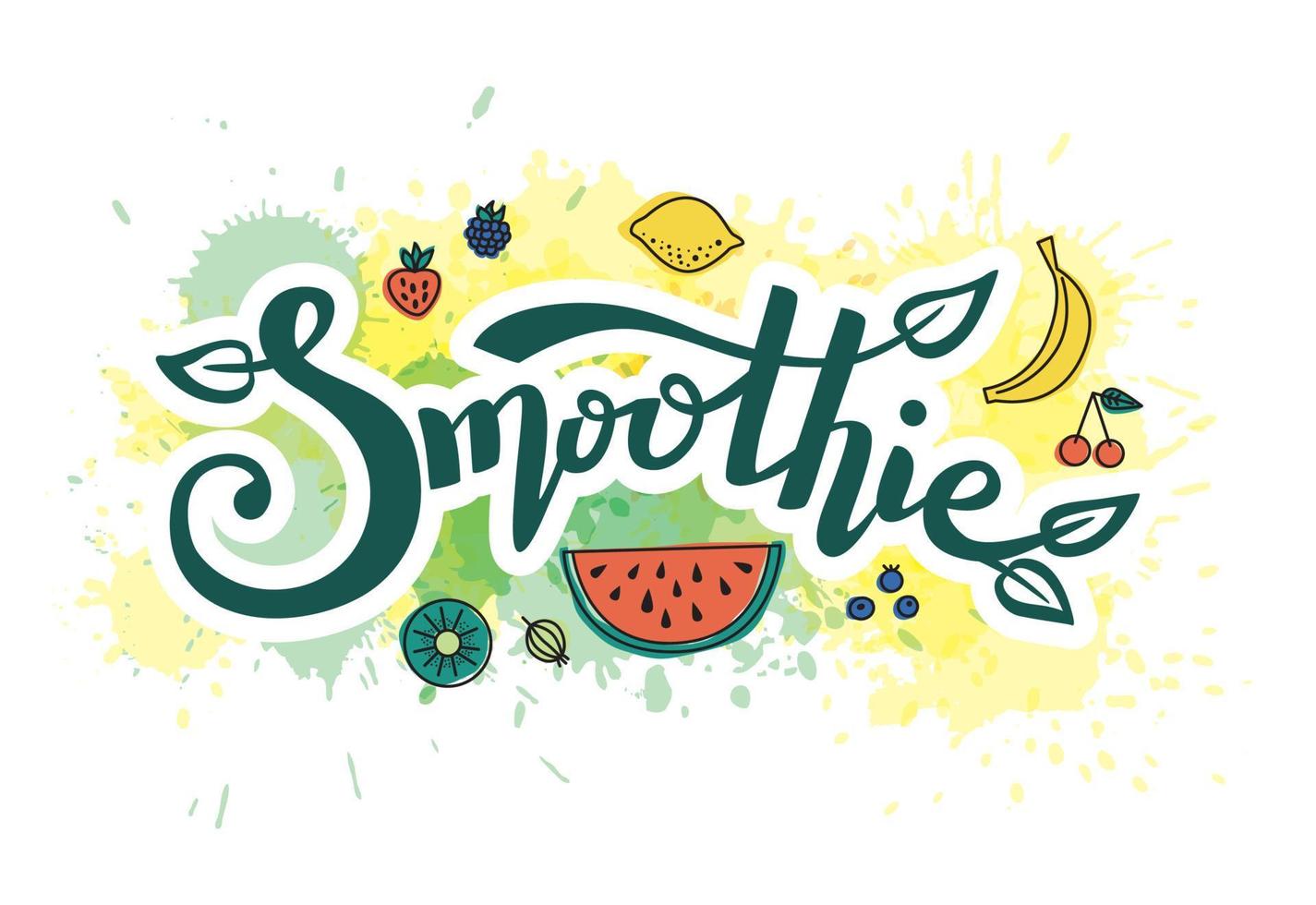 hand belettering smoothie. smoothie-belettering op aquareldruppels. fruit smoothie. vector